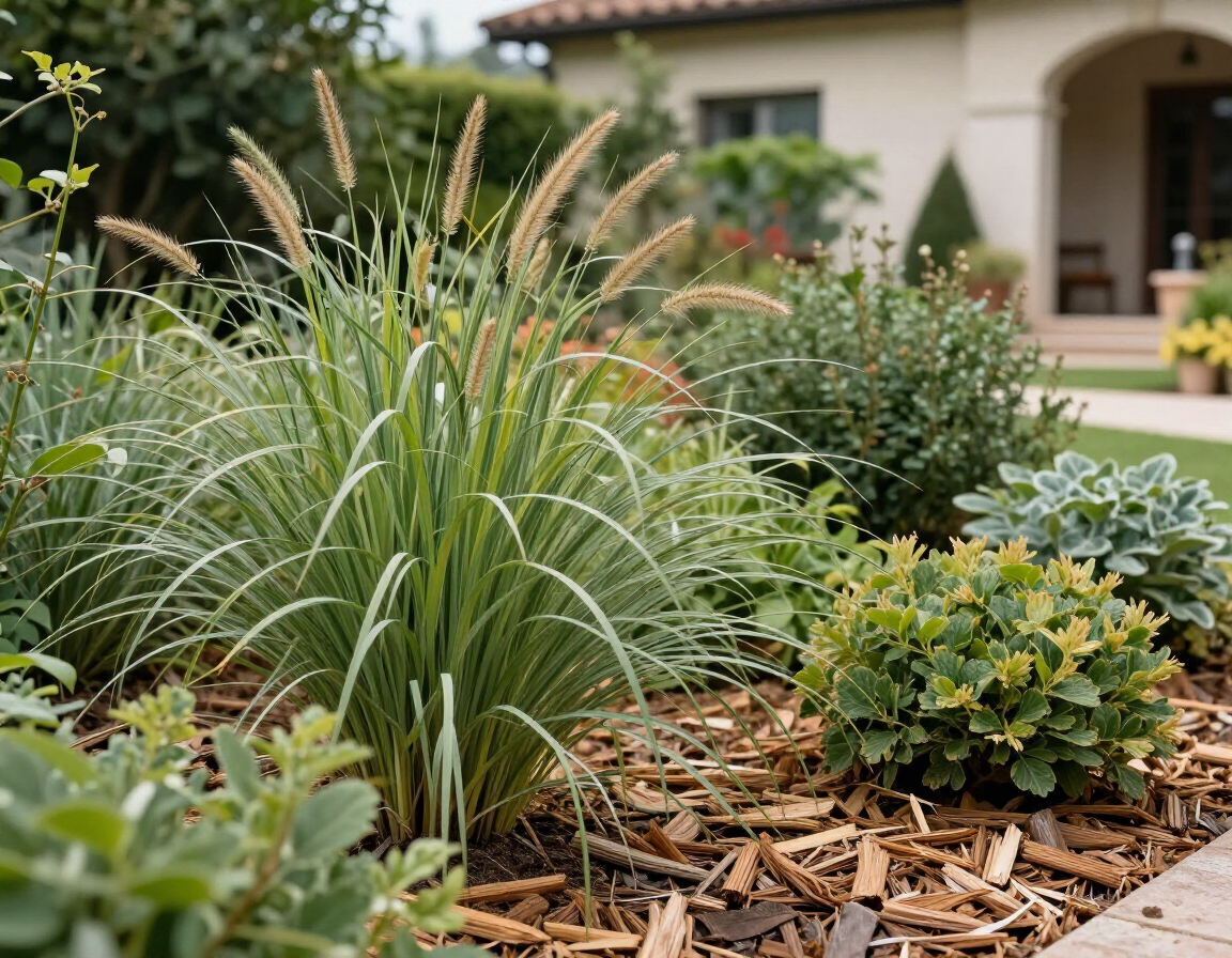 Dettaglio di vegetazione sostenibile in un giardino collinare