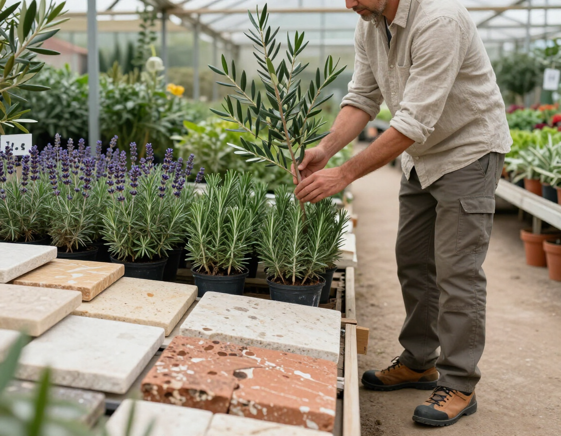 Scelta di piante mediterranee e materiali naturali per un giardino