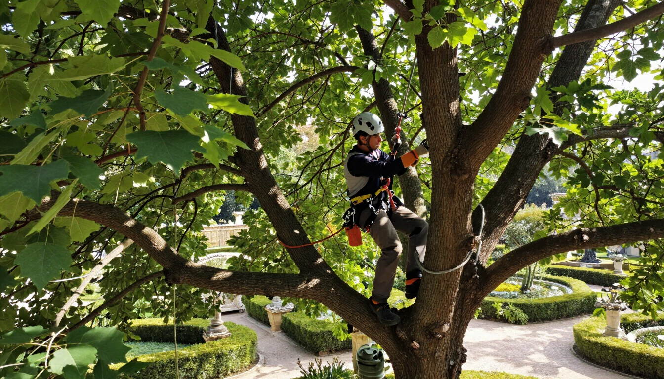 Arborista al lavoro sulla chioma di un albero durante una potatura professionale