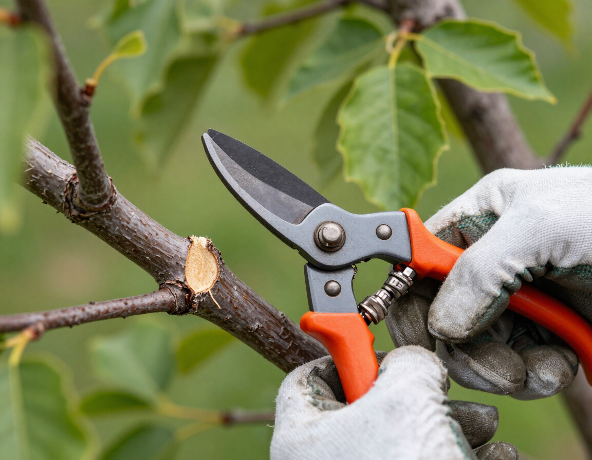 Dettaglio di taglio preciso su un ramo sano con strumenti da arboricoltura