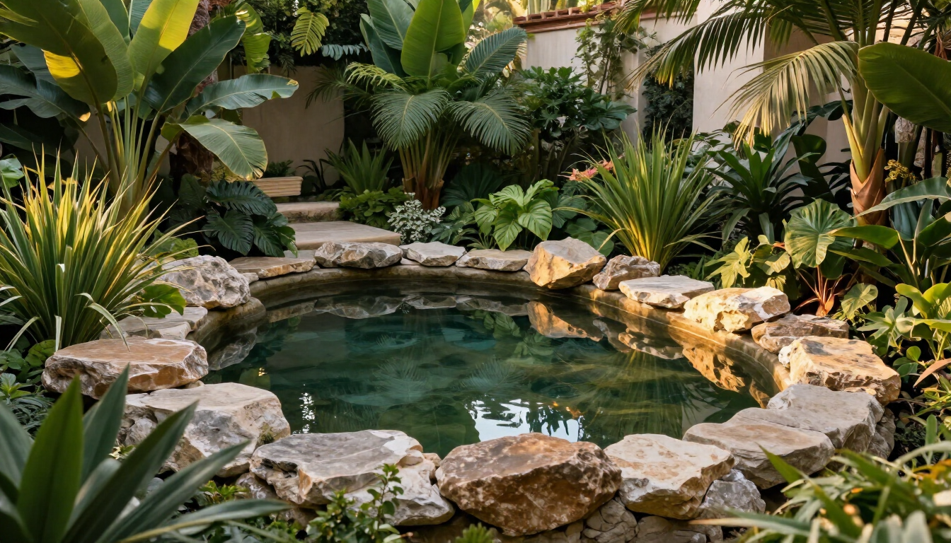 Laghetto tropicale con piante esotiche e pietre naturali