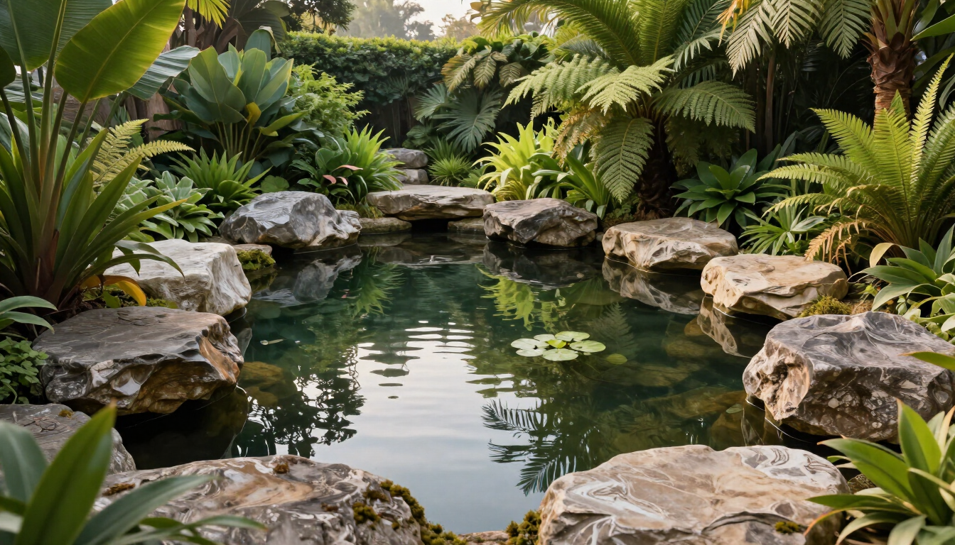 Laghetto tropicale con piante esotiche, acqua calma e pietre naturali