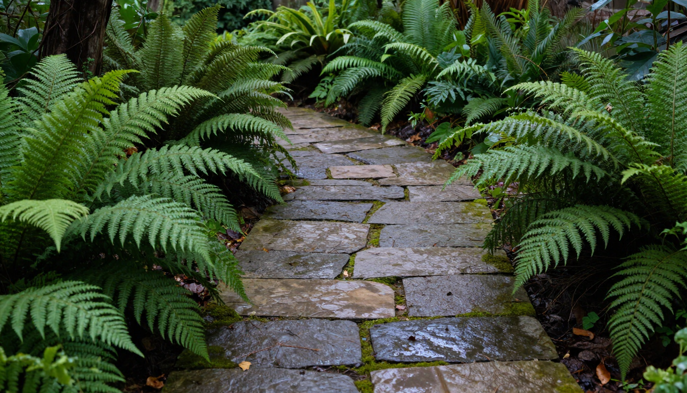Felci rigogliose in un giardino ombreggiato