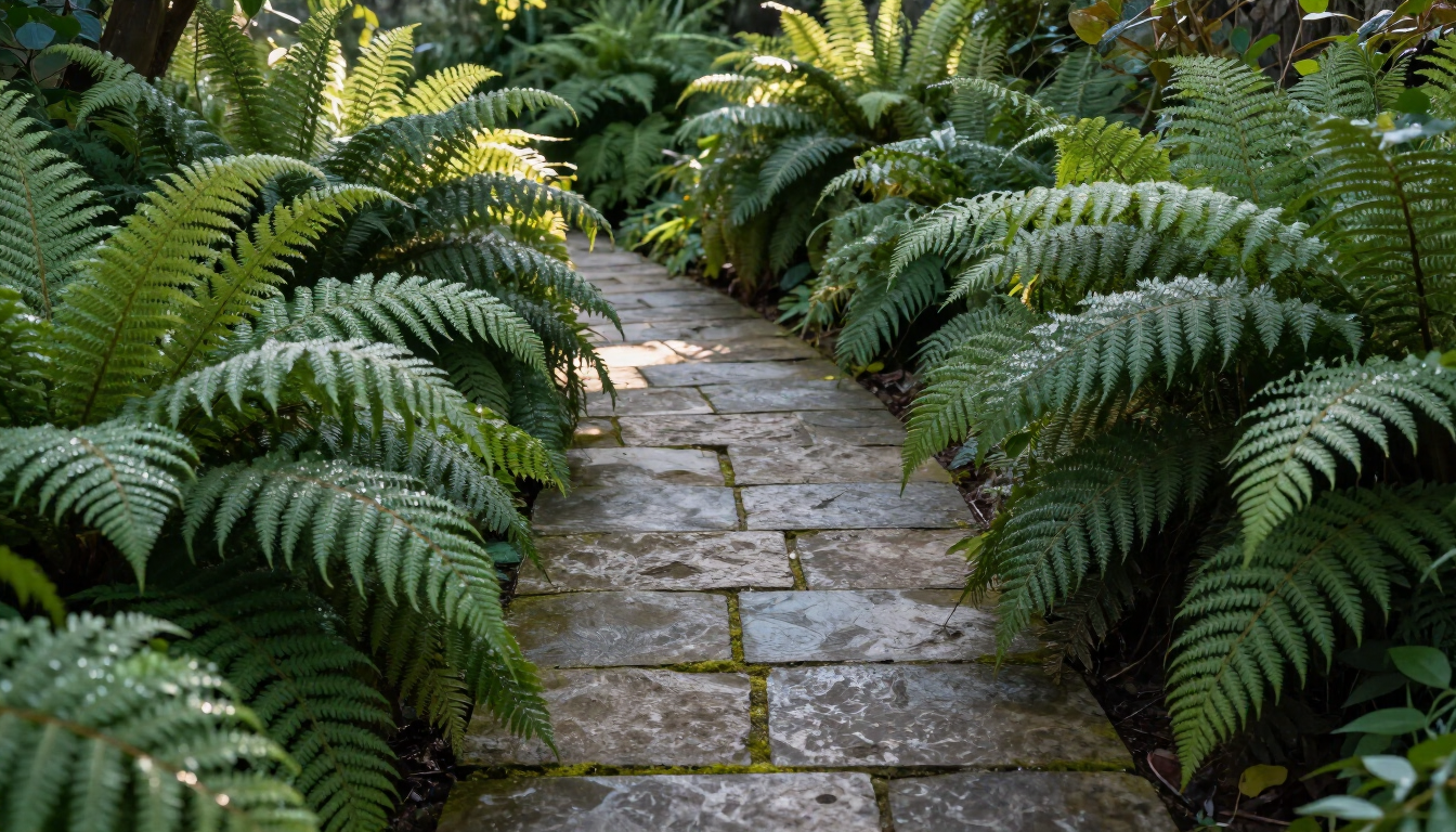 Felci rigogliose in un giardino ombreggiato