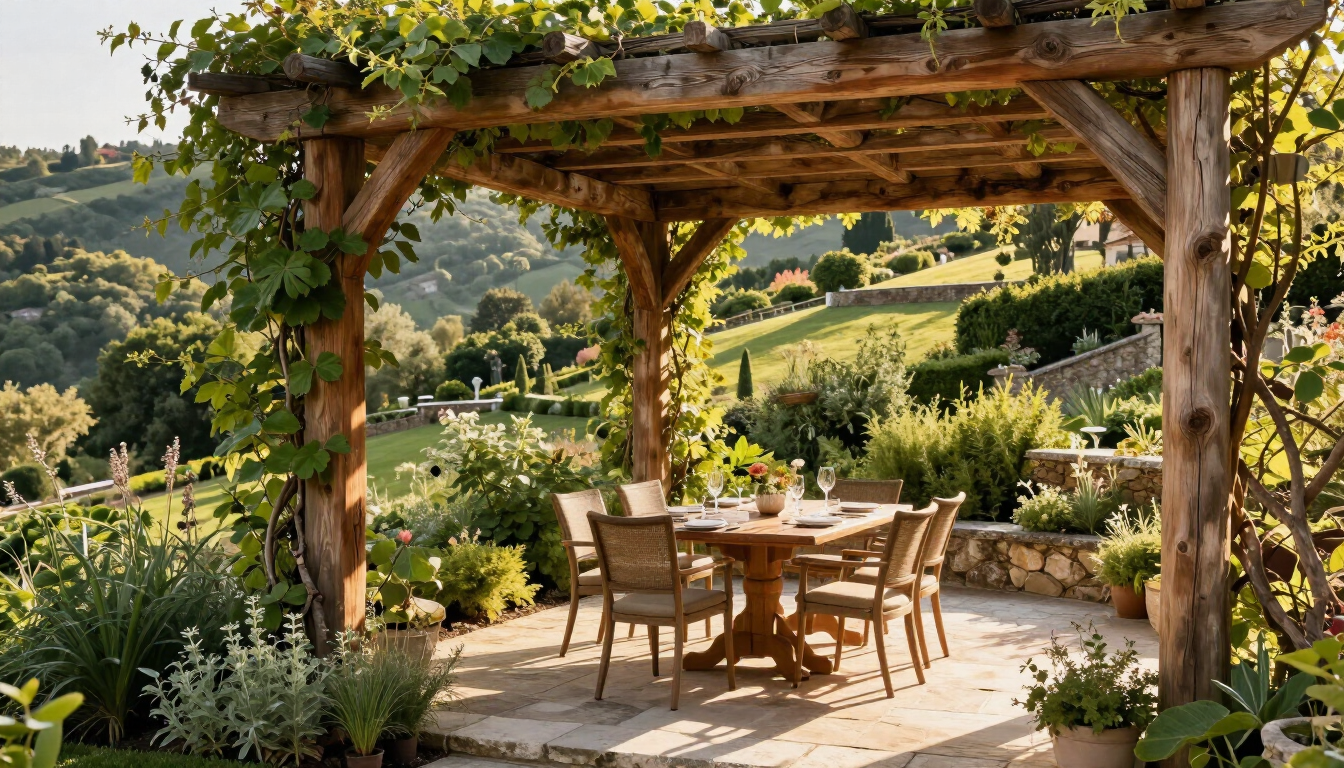 Zona conviviale in un giardino collinare con pergola e vegetazione naturale
