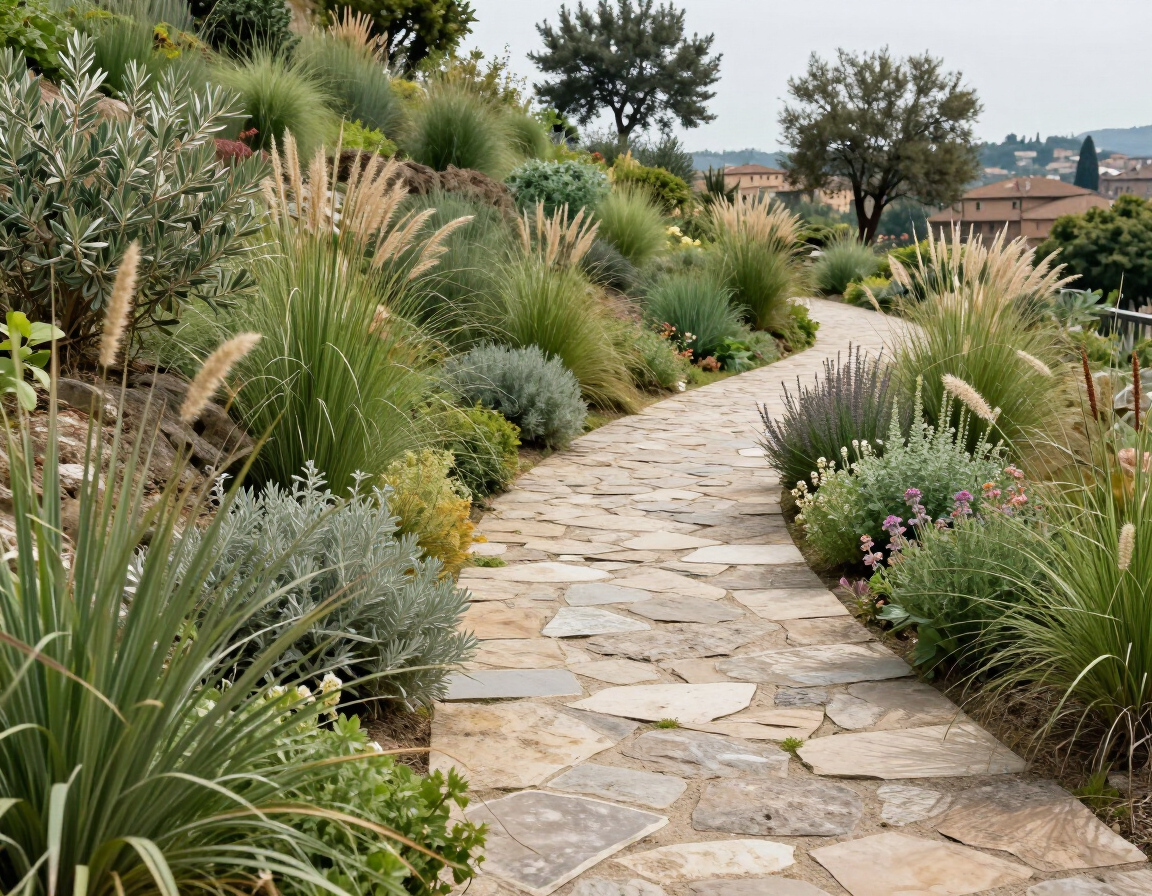 Percorso in pietra tra piante mediterranee e graminacee