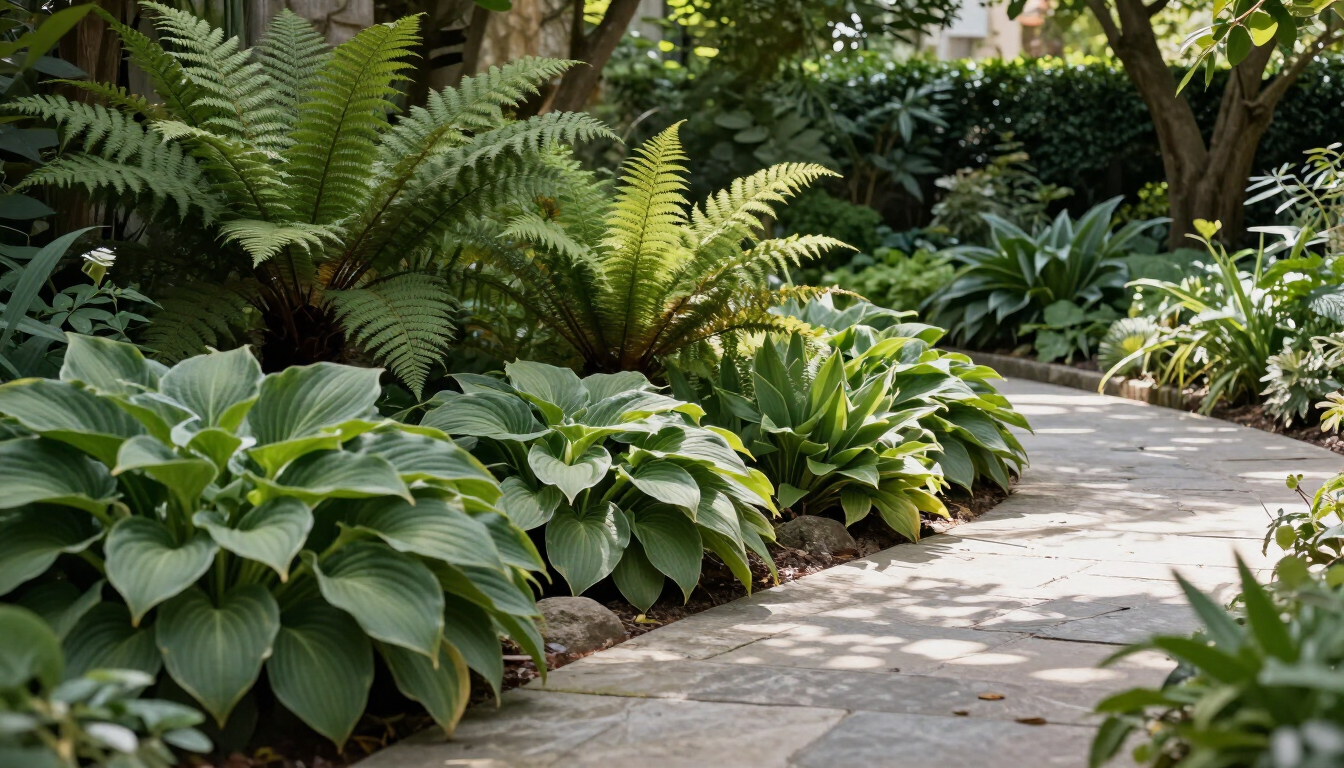 Progettazione di un giardino in ombra con felci e hosta