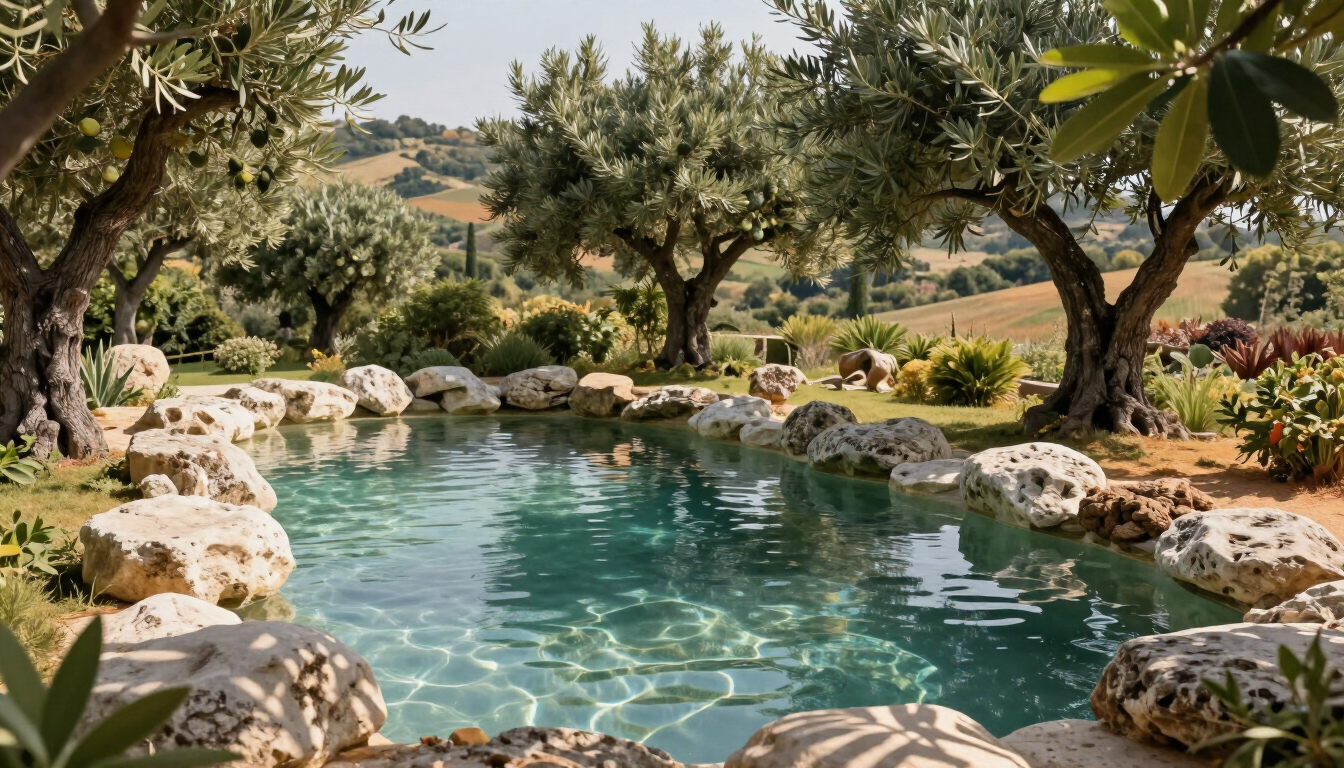 Piscina naturale in un giardino mediterraneo con ulivi e rocce