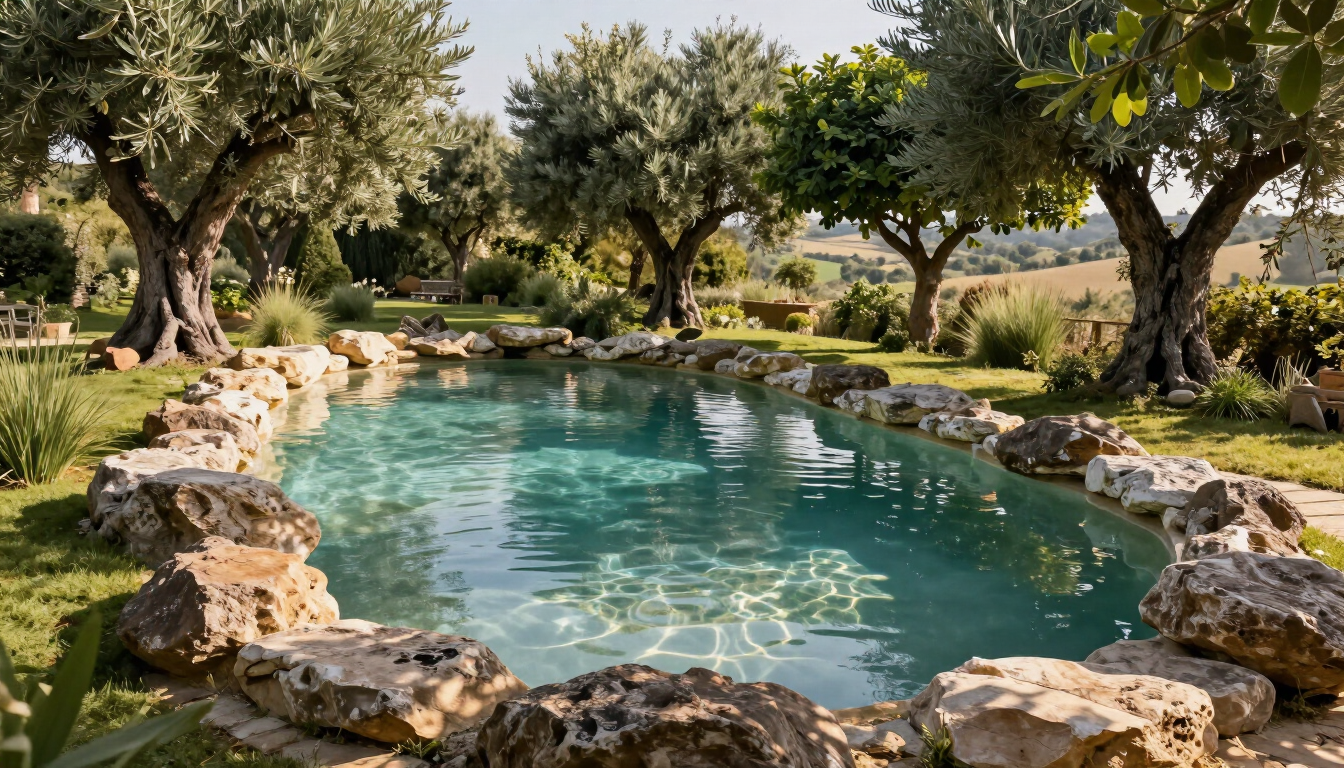 Piscina naturale in un giardino mediterraneo con ulivi e rocce