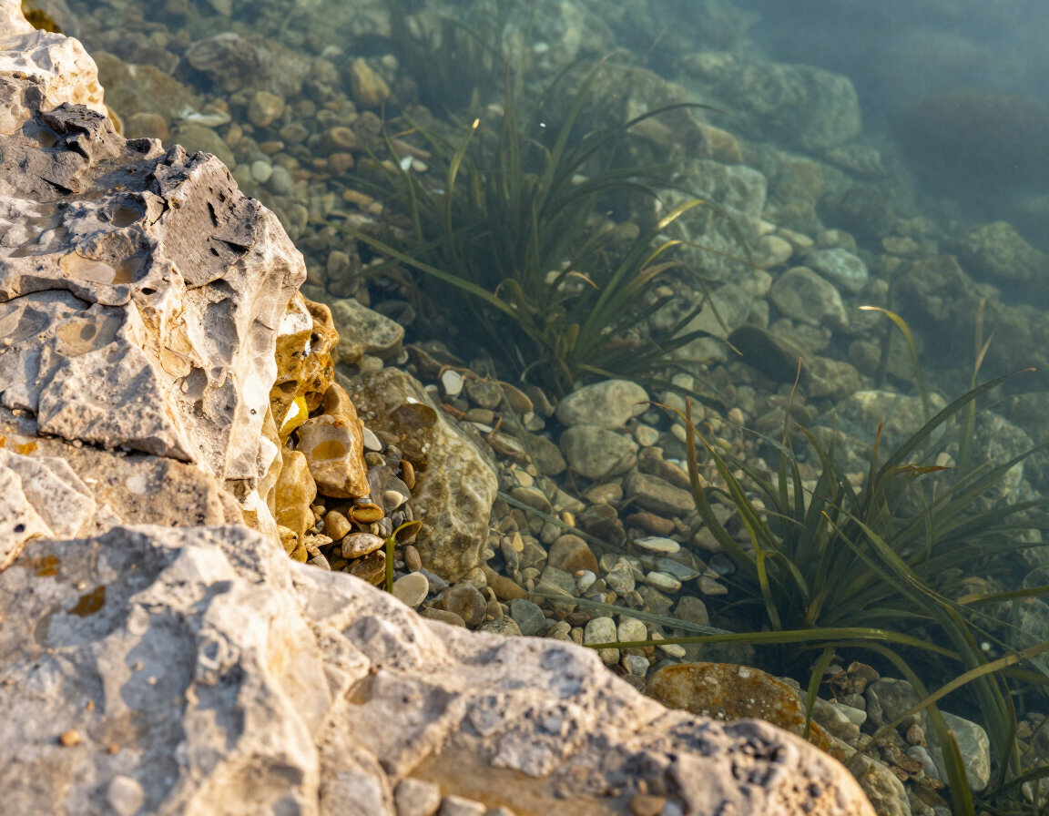 Dettaglio di rocce naturali e piante acquatiche lungo il bordo di una biopiscina