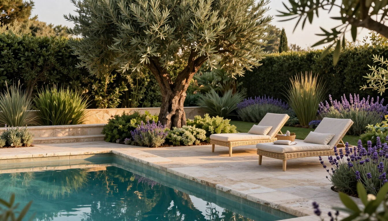 Giardino mediterraneo con piscina naturale, ulivo e area relax in pietra