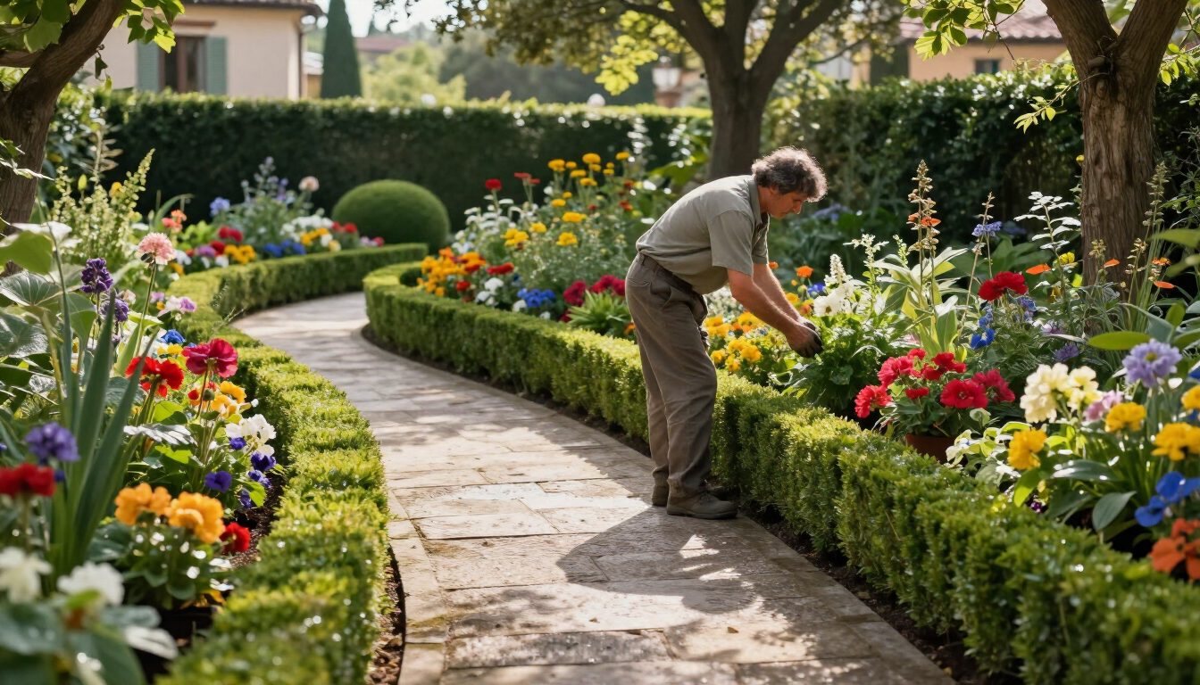 Lavori in giardino a luglio e agosto con aiuole fiorite e siepi ordinate