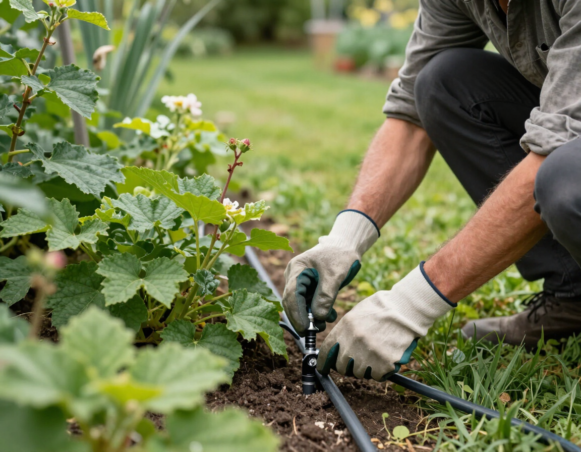 Controllo estivo dell’irrigazione in un giardino con prato e piante ornamentali