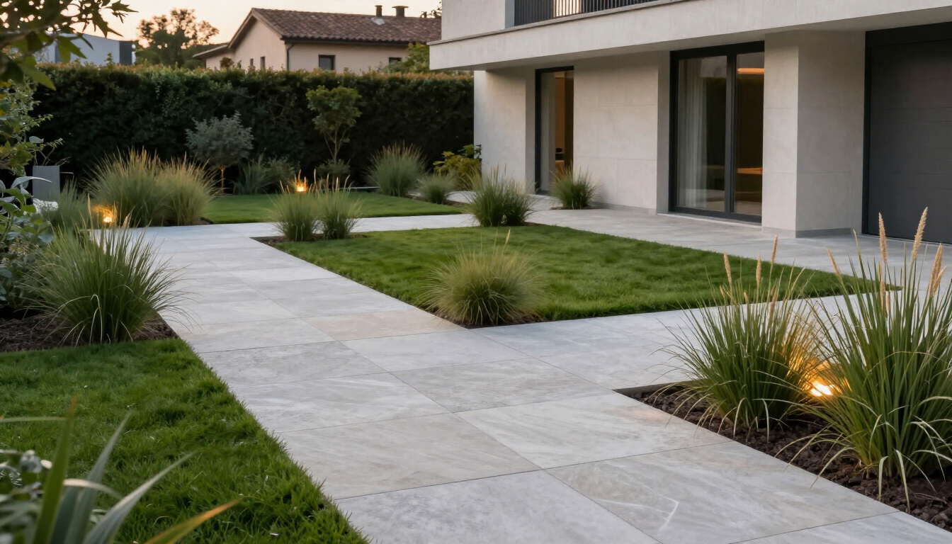 Progettazione giardino minimal a Castenaso con pavimentazione, prato e aiuole