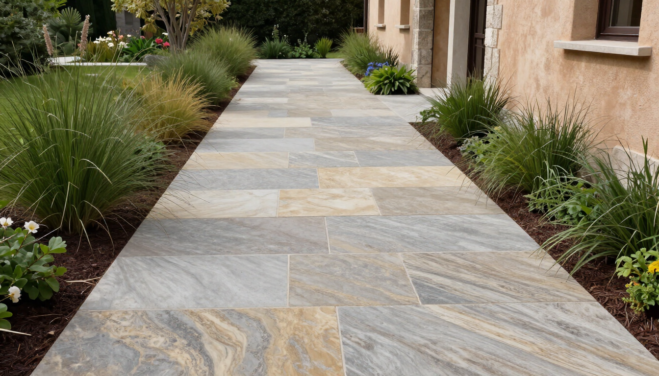 Pavimentazione contemporanea in un giardino minimal con aiuole lineari