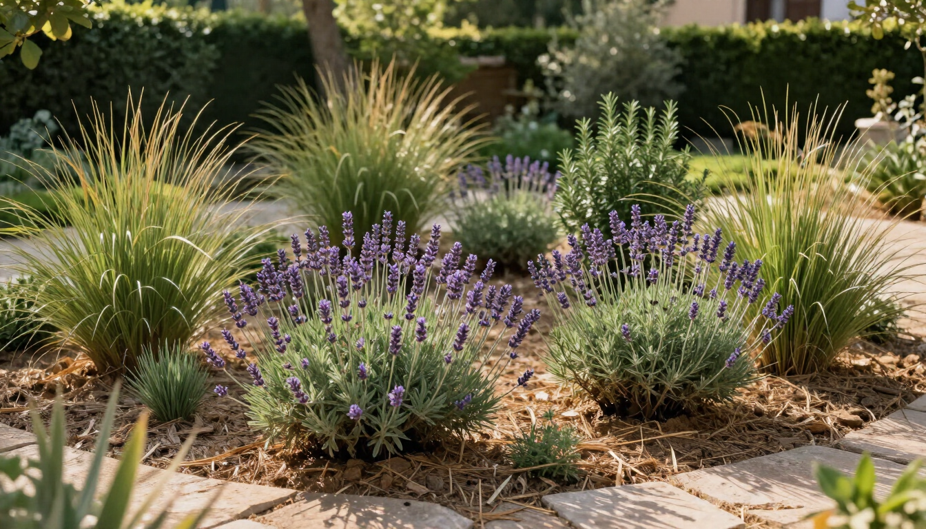 Lavanda e graminacee ornamentali in un giardino sostenibile con poca acqua