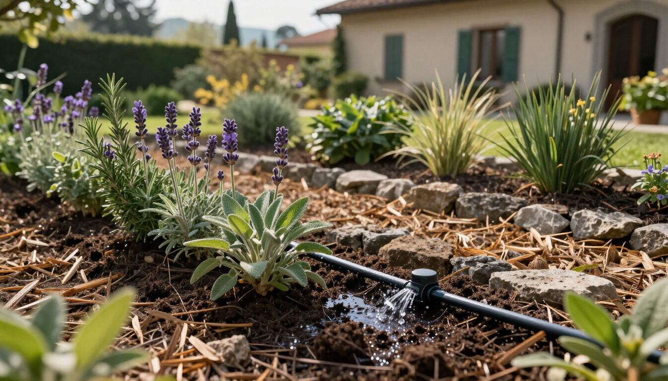Impianto di irrigazione a goccia in un giardino residenziale sostenibile