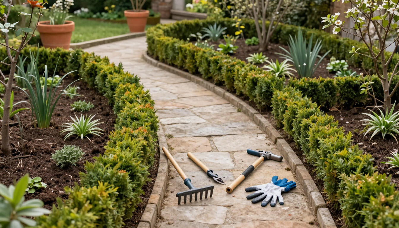 Giardino primaverile ordinato con aiuole e percorsi