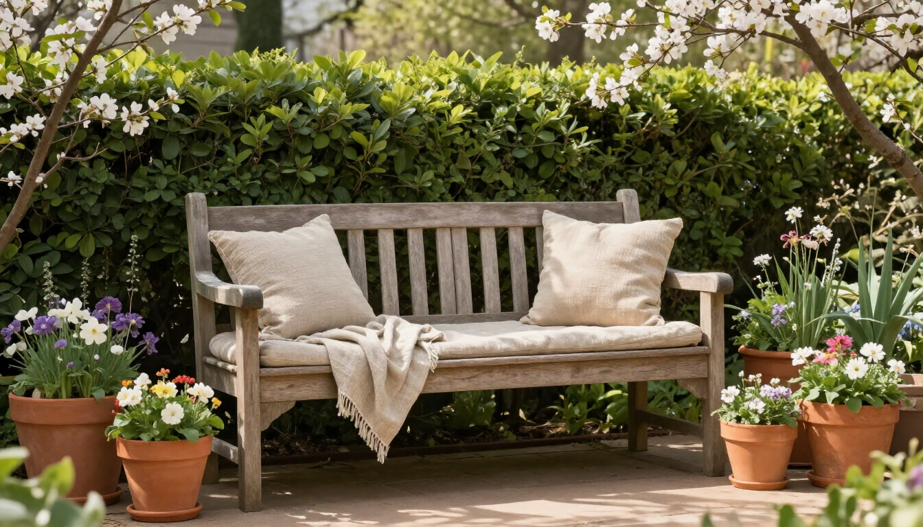 Zona relax in giardino con arredi naturali e piante
