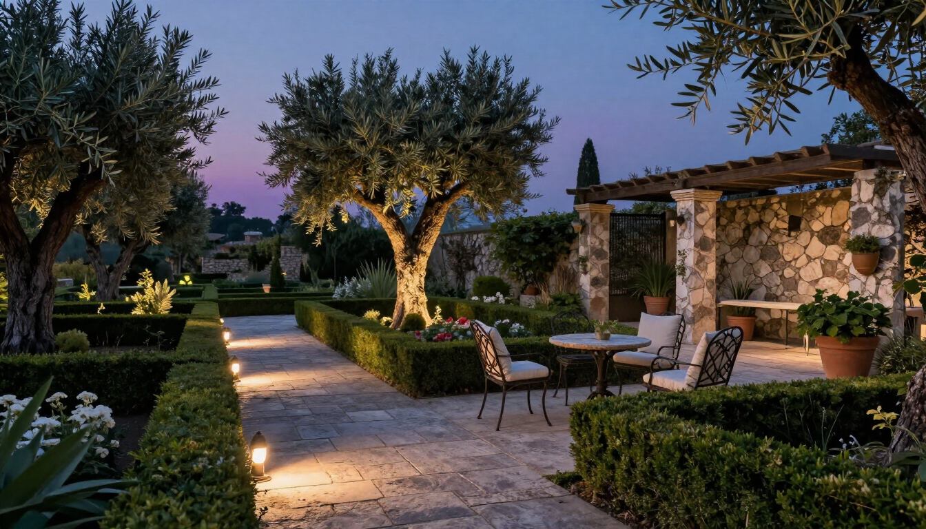 Illuminazione serale di un giardino con percorsi e piante