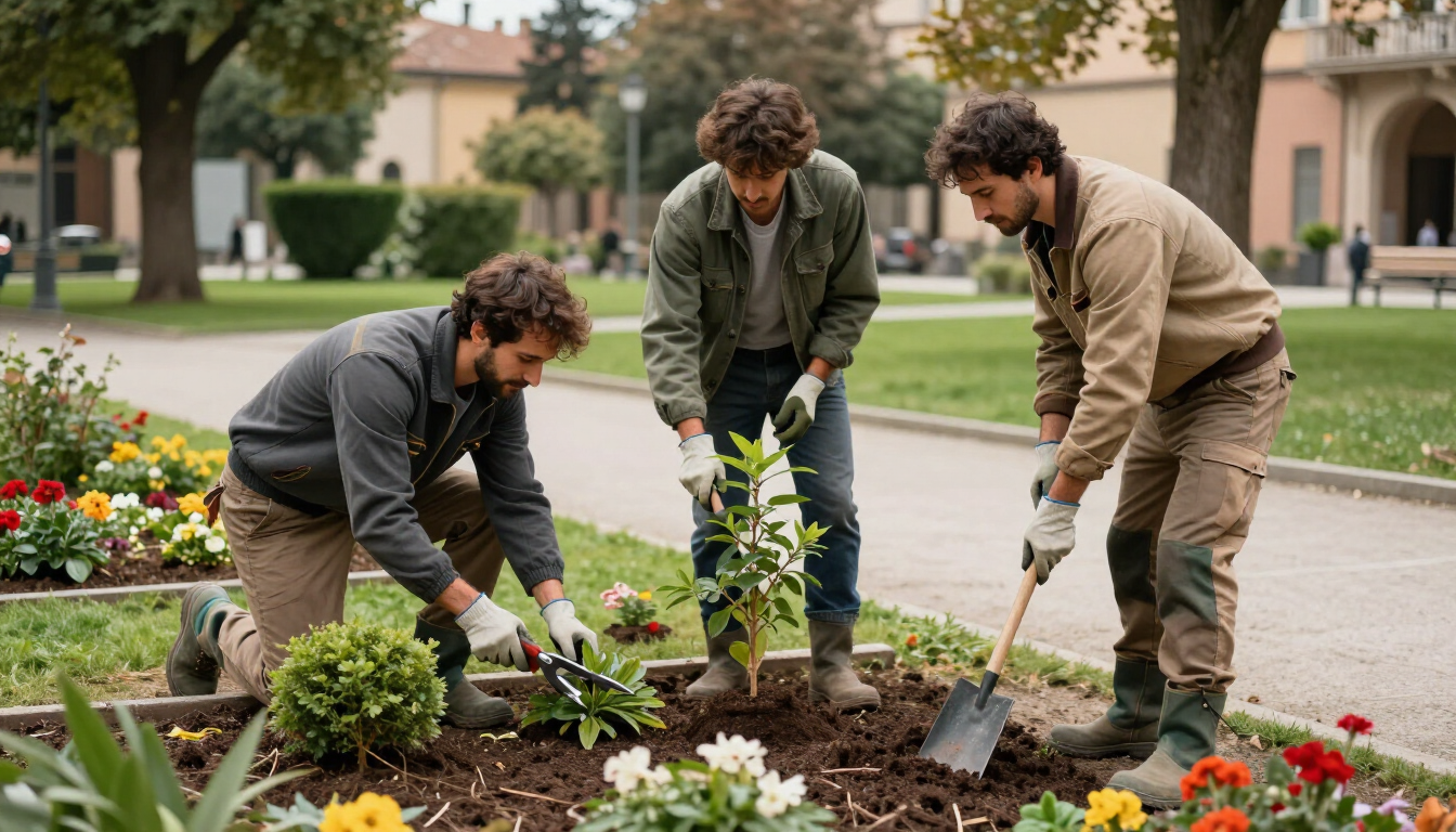 Squadra di giardinieri durante una collaborazione in un parco