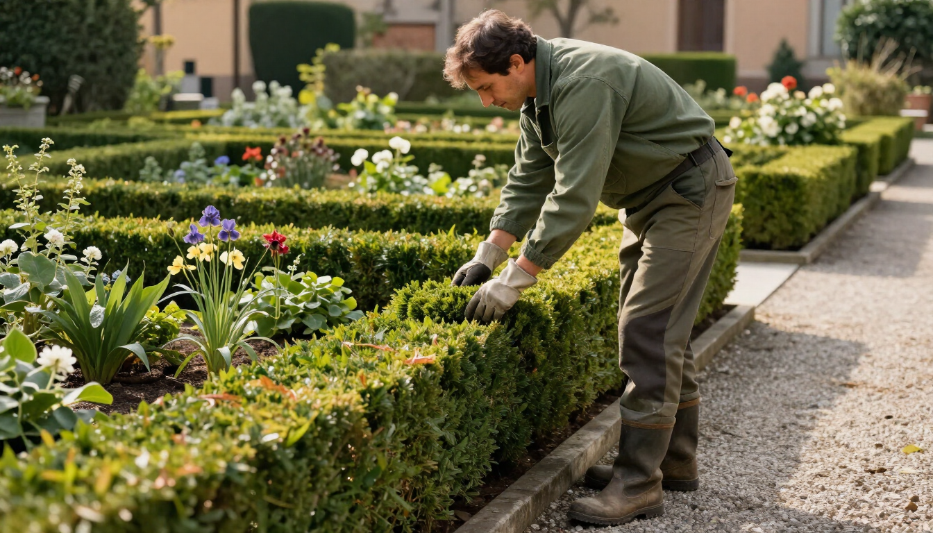 Giardiniere professionista al lavoro in un giardino bolognese