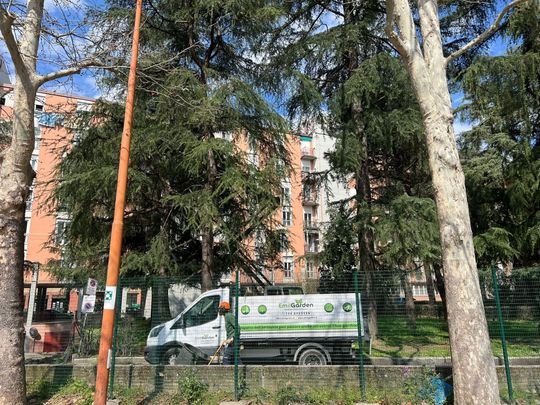 Impianto di irrigazione a goccia in funzione su un'aiuola