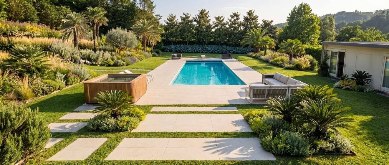 Aiuola e prato curati da Emil Garden con alberature sullo sfondo