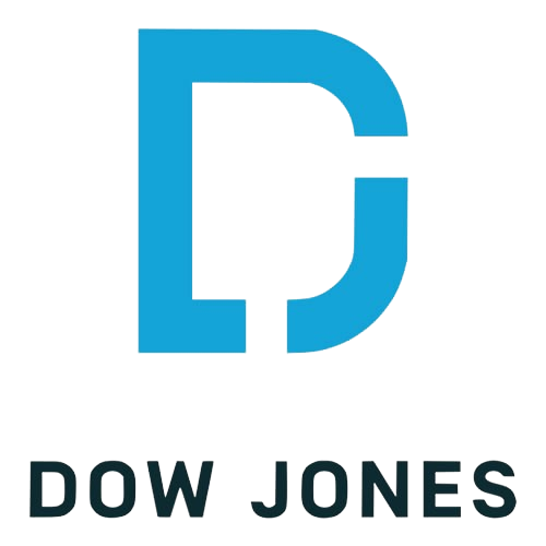 The logo for dow jones is a blue letter d on a white background.
