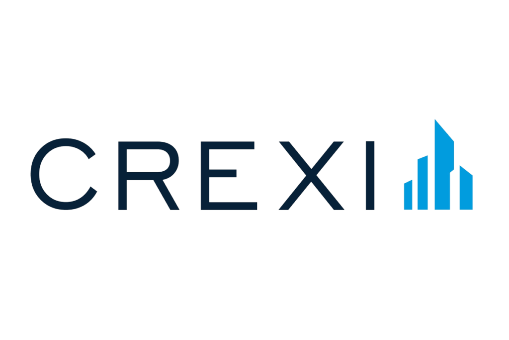 A blue and white logo for crexi with a building in the background.