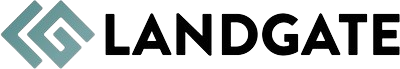 The logo for landgate is black and blue with a diamond in the middle.