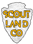 The logo for scout land co. is a shield with the words `` scout land co '' written on it.