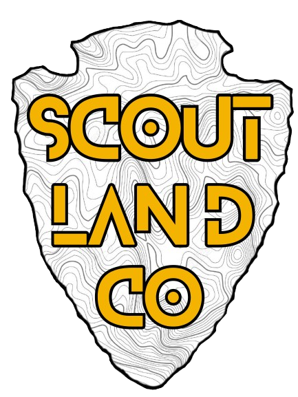 The logo for scout land co. is a shield with the words `` scout land co '' written on it.
