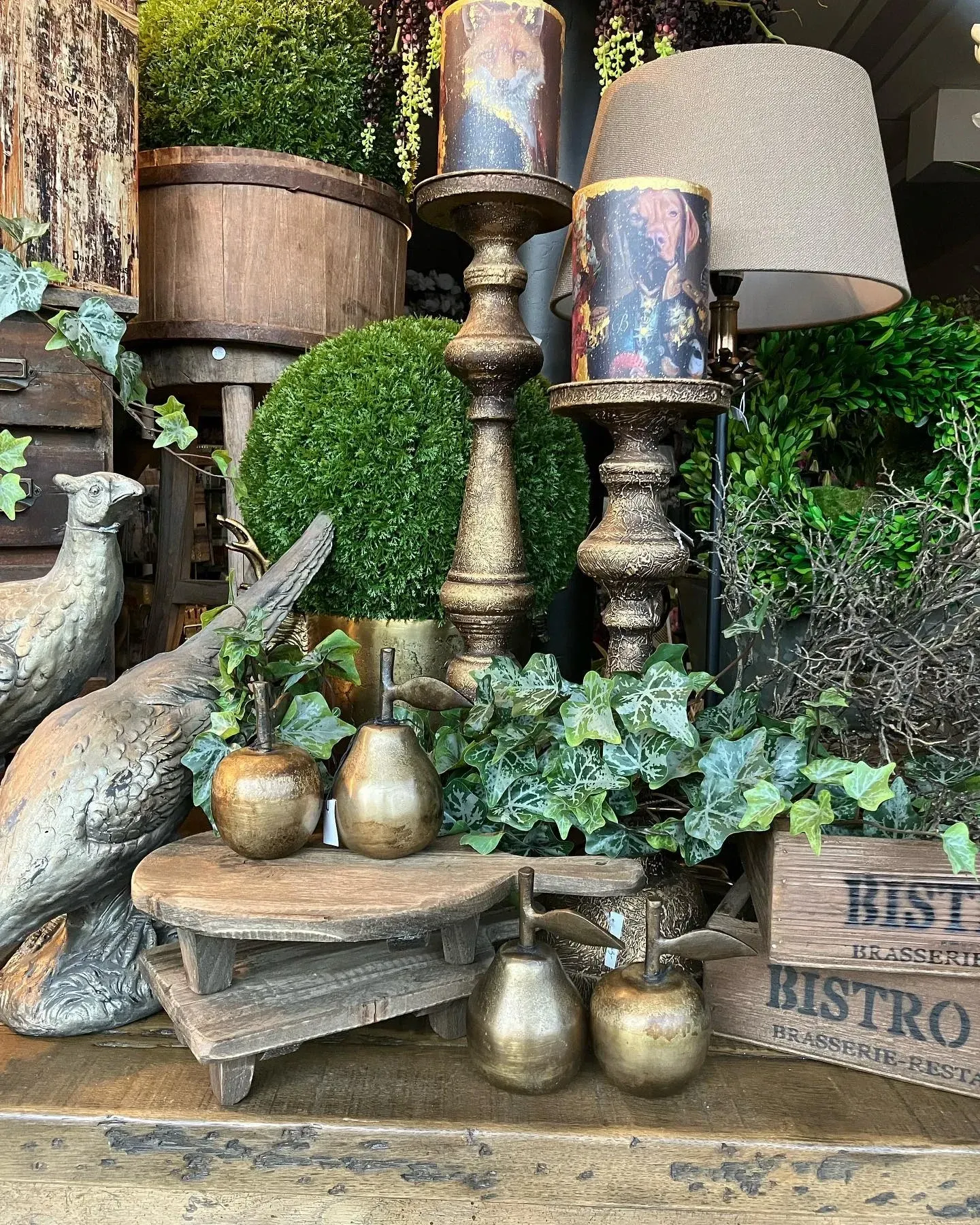 A bunch of candles and plants are sitting on a table.