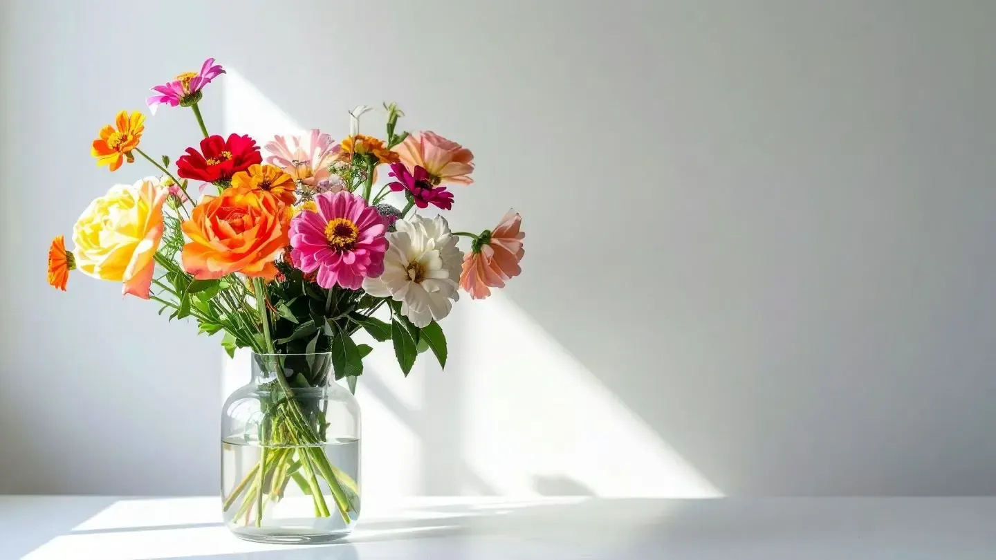 Colorful bouquet of roses and zinnias in a glass vase on a white table, sunlight illuminating the scene.
