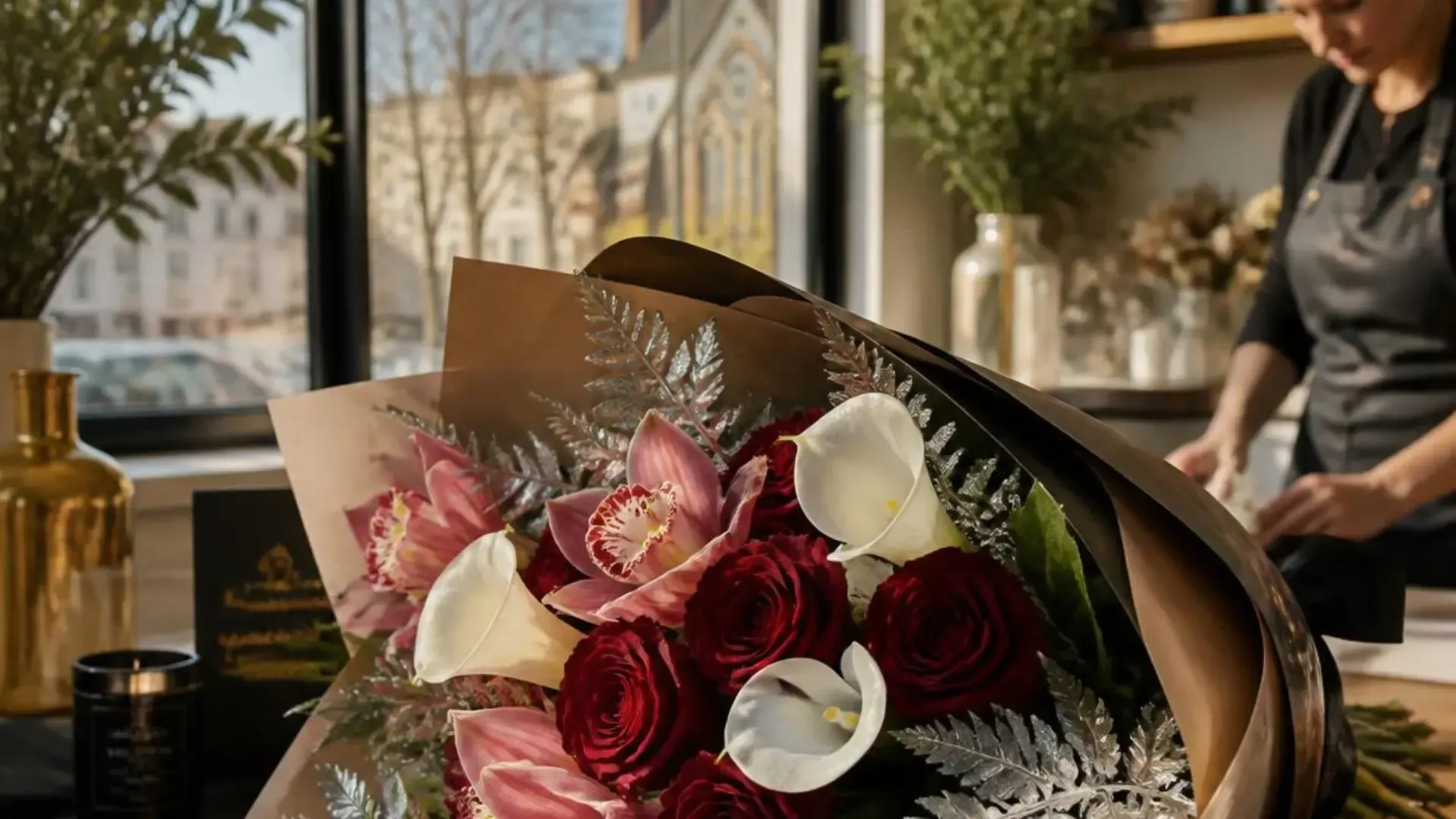 Bouquet of pink and white flowers on a table, with a person arranging them in a sunlit room.