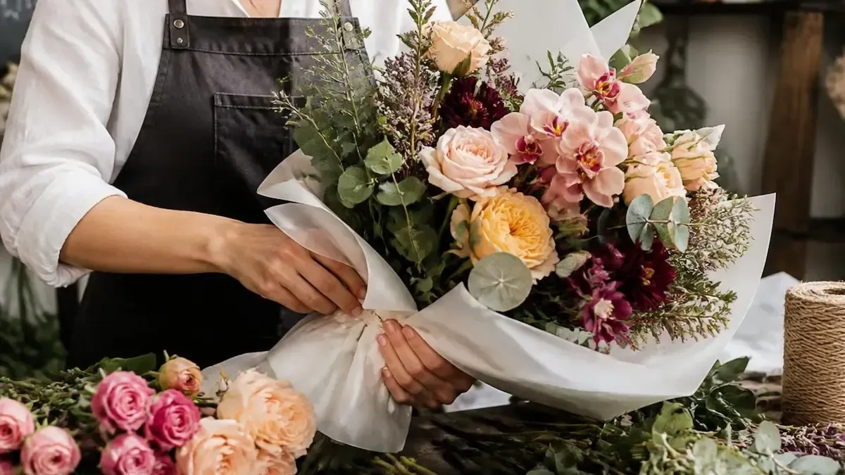Florist wrapping a pastel bouquet of pink, peach, and white flowers at a worktable