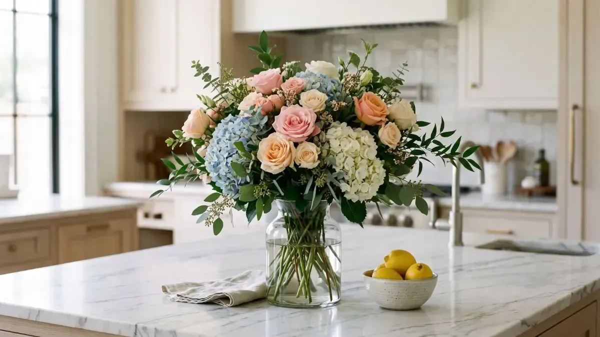 Bouquet of pastel flowers in a glass vase on a kitchen island beside a bowl of lemons