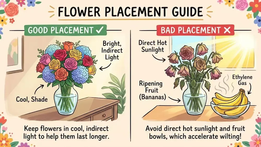 Flower placement guide showing good and bad spots for flowers: cool shade vs direct sun/fruit bowls.