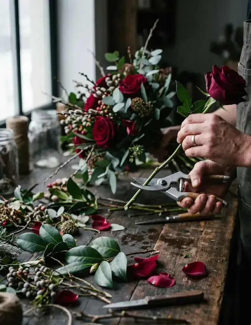 Florist arranging red roses and greenery on a rustic worktable with scissors and clippings