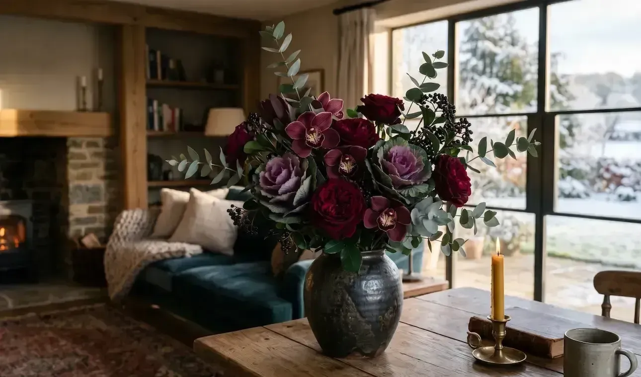 Cozy living room with a burgundy flower arrangement, fireplace, and snowy window view