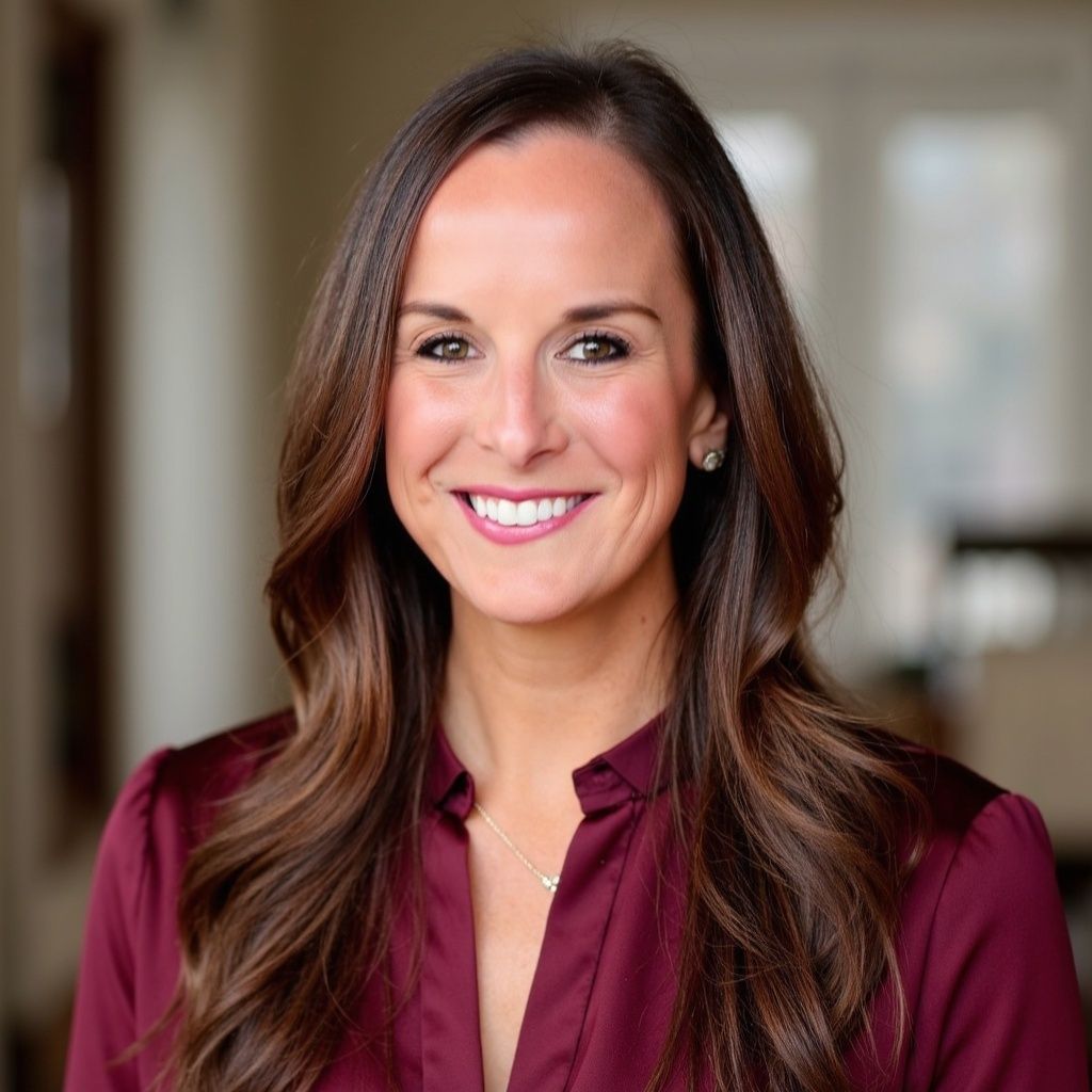 A person with long brown hair smiling with arms crossed, wearing a dark navy blazer, standing in front of a white column.