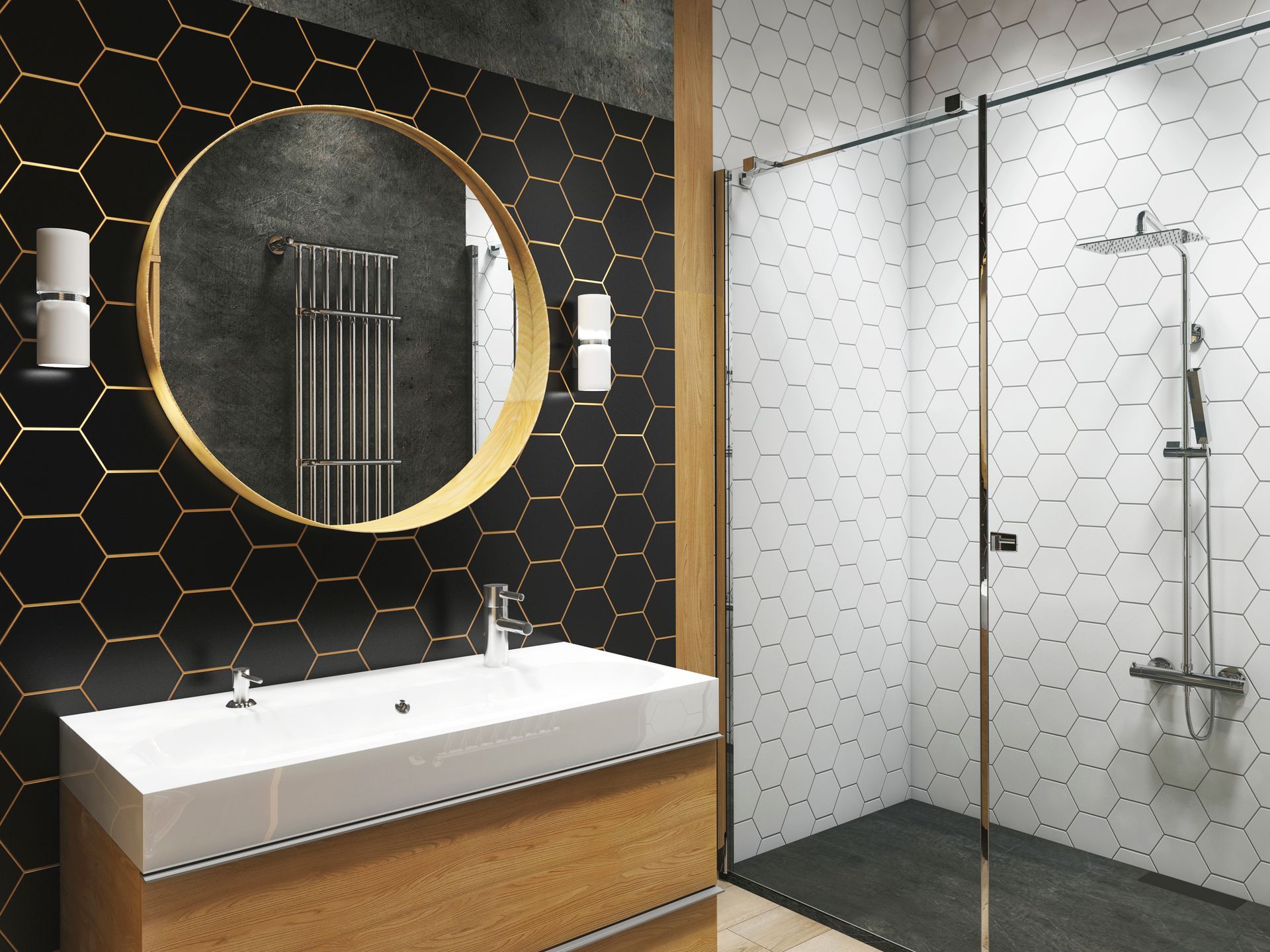 Une salle de bains moderne avec des carreaux noirs en nid d'abeille derrière un meuble-lavabo, un miroir rond et une douche vitrée carrelée de blanc.