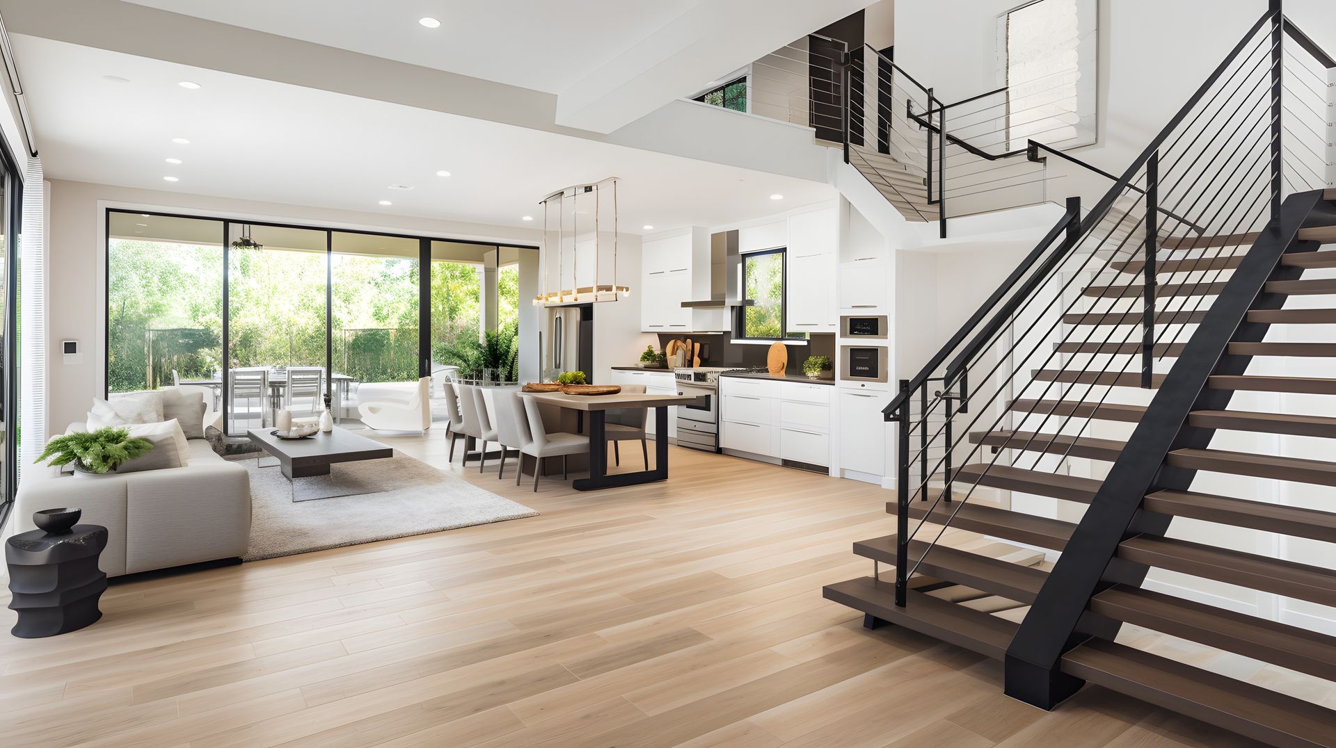 Un intérieur lumineux et ouvert comprenant un salon, une salle à manger, une cuisine blanche moderne et un escalier en bois.