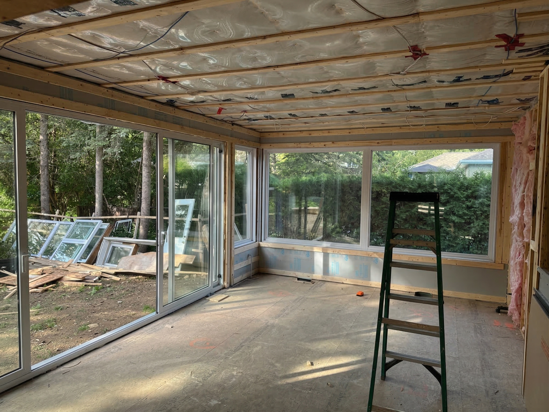 Vue intérieure d'une véranda en construction avec de grandes portes coulissantes en verre, un plafond non fini et une échelle pliante.
