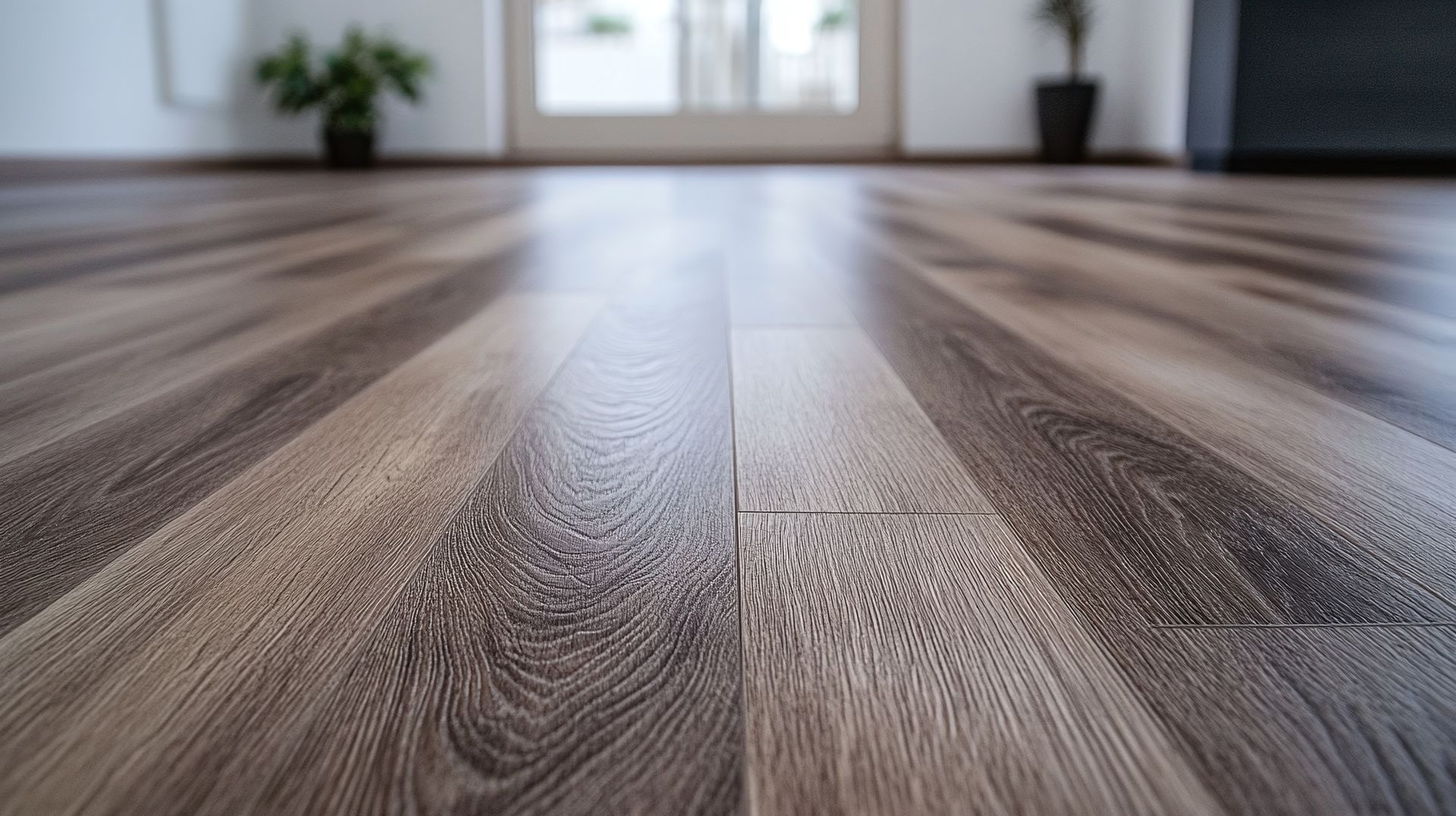 Vue en contre-plongée d'un parquet imitation bois composé de lames brun clair et brun foncé, menant à une entrée de pièce floue et à des plantes.