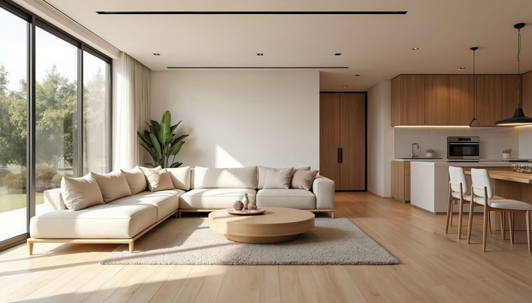 Salon moderne et minimaliste avec un canapé d'angle crème, une table basse en bois et une cuisine ouverte avec des placards en bois.