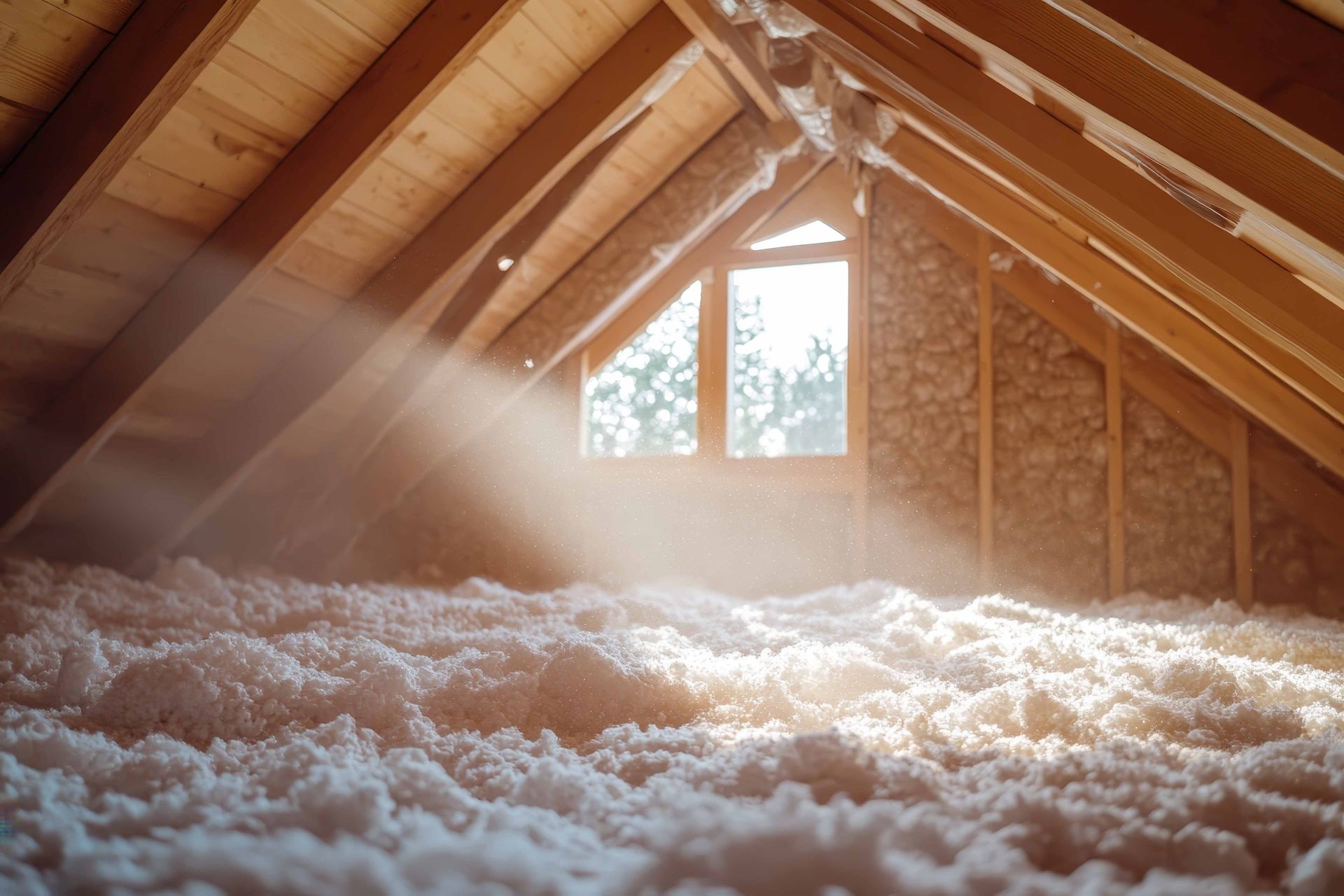 Intérieur du grenier avec isolation en cellulose, charpente en bois et lumière du soleil entrant par une fenêtre.