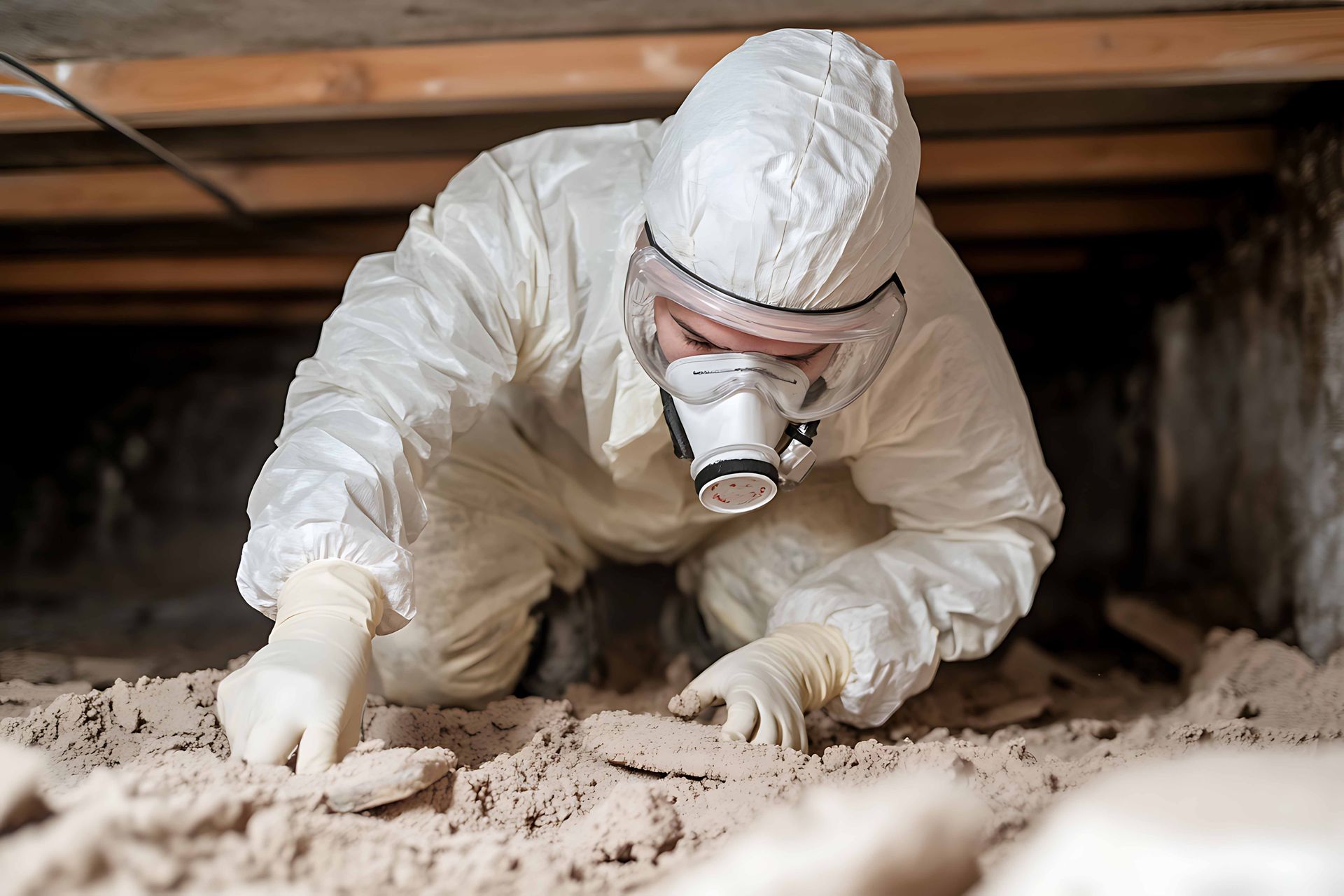 Person in protective suit, respirator, and gloves crawling in crawl space, examining the ground.