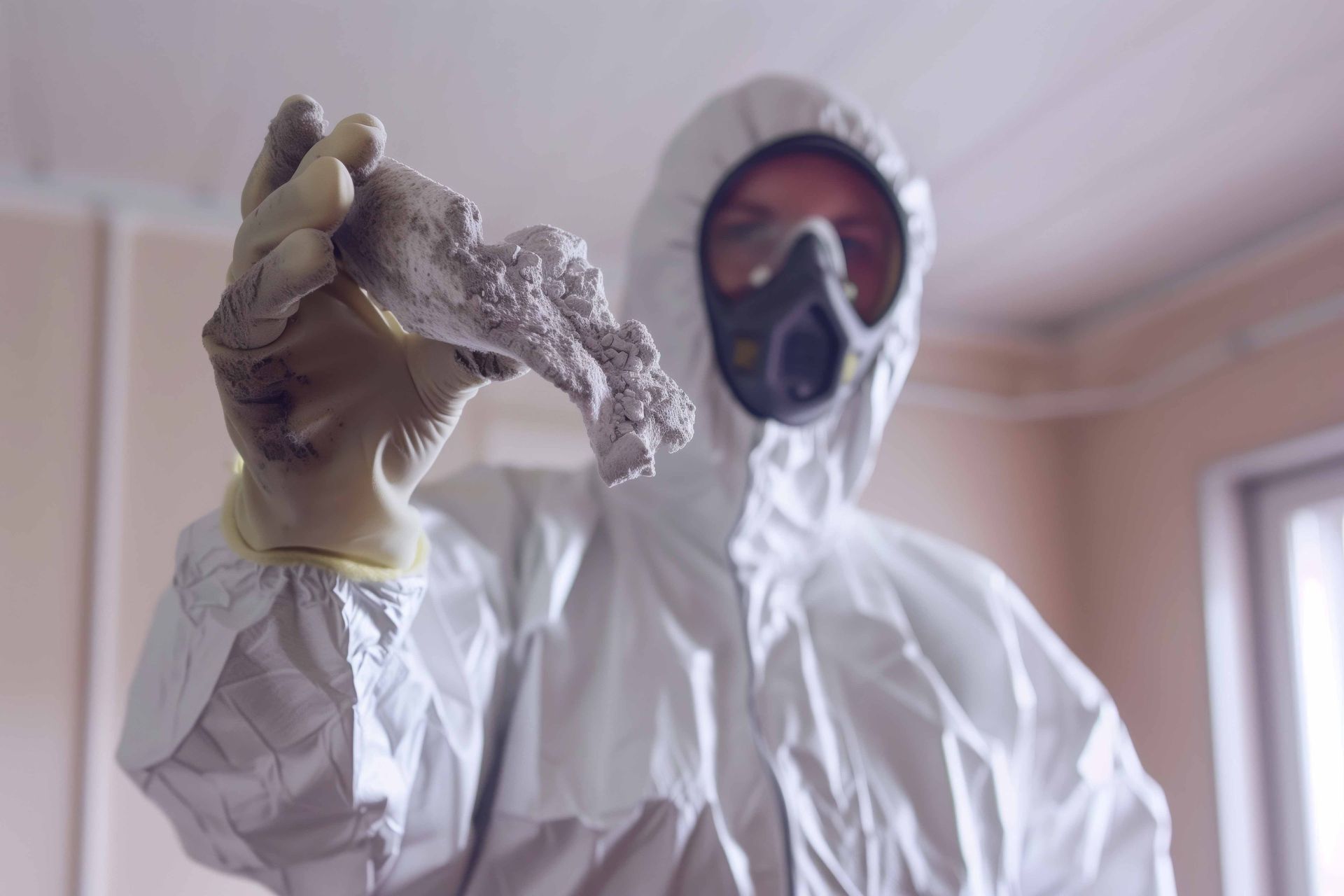 Une personne en combinaison de protection et masque respiratoire brandit des débris à l'intérieur d'une pièce.